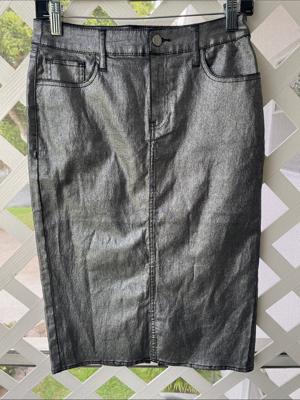 Marc New York Coated Denim Skirt Size 4 Black Silver Metallic Straight Midi